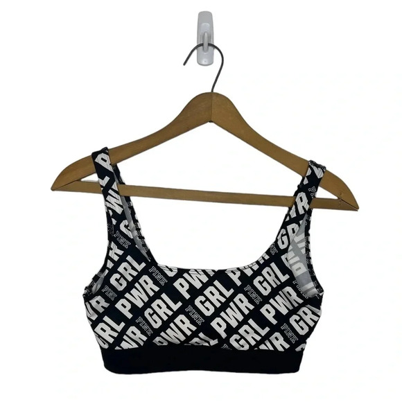 PINK Victorias Secret Girl Power Spell Out Black and White Sports Bra - Picture 1 of 6
